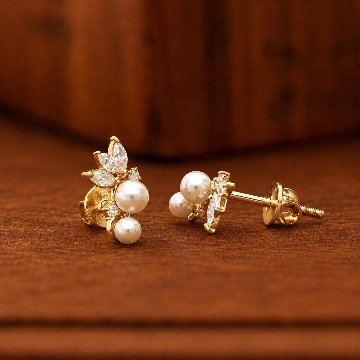 AMONROO® 925 Silver Jewellery for Women - Gold Finish 925 Sterling Silver Pearl Flower Stud Earrings, White CZ Leaf Bridal Earrings | 925 Stamp, Warranty & Authenticity Certificate