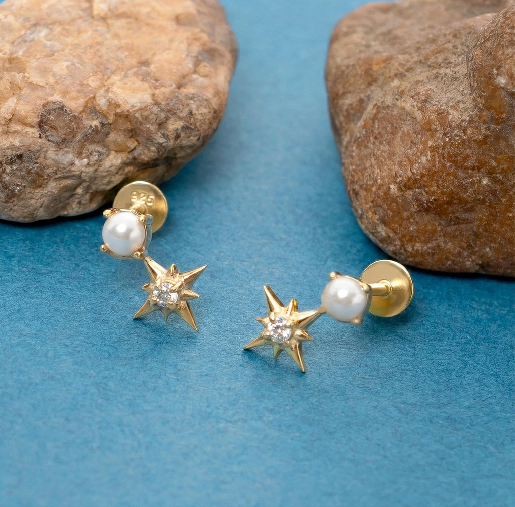 AMONROO® 925 Silver Jewellery for Women - 925 Sterling Silver Pearl Star Drop Earrings, Gold Finish CZ Dangle Earrings | 925 Stamp, Warranty & Authenticity Certificate