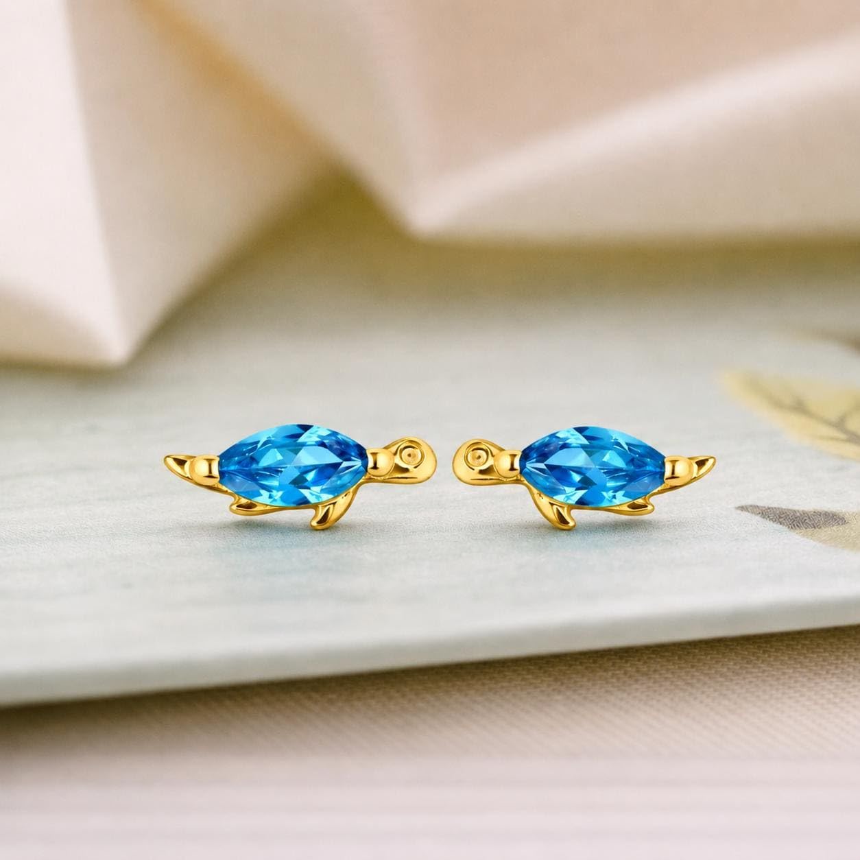 AMONROO® 925 Silver Jewellery for Women - Gold Finish 925 Sterling Silver Sea Turtle Blue CZ Stud Earrings, Ocean Jewellery Gift | 925 Stamp, Warranty & Authenticity Certificate