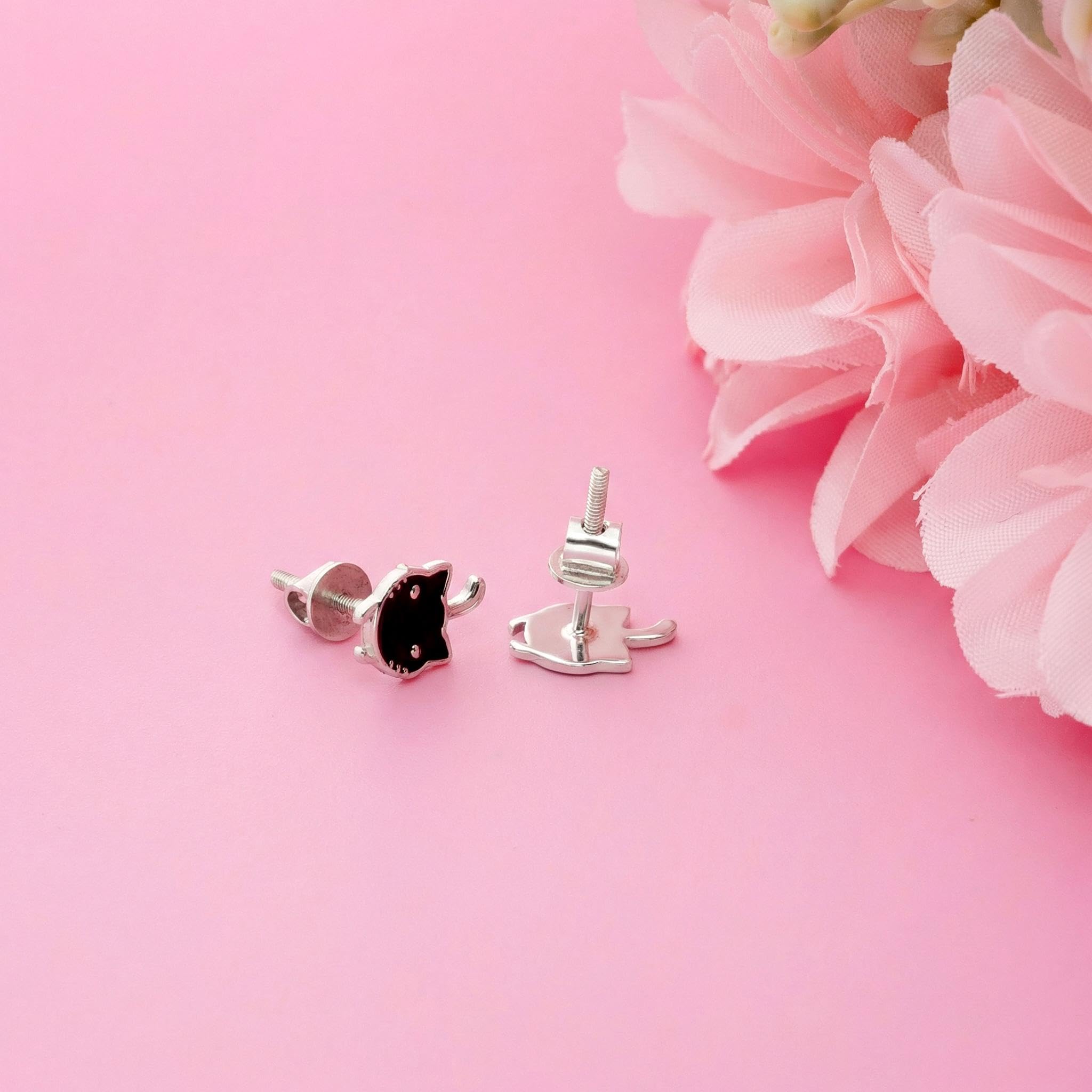 AMONROO® 925 Silver Jewellery for Women - 925 Sterling Silver Black Cat Enamel Stud Earrings, Cat Earrings, Animal Jewellery Gift | 925 Stamp, Warranty & Authenticity Certificate