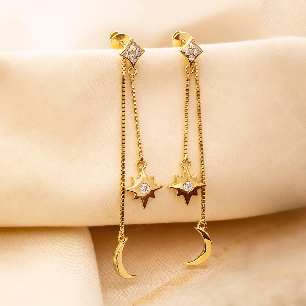 AMONROO® 925 Silver Jewellery for Women - 925 Sterling Silver Moon Star Dangle Earrings, Gold Finish CZ Chain Earrings, Trendy Jewellery | 925 Stamp, Warranty & Authenticity Certificate