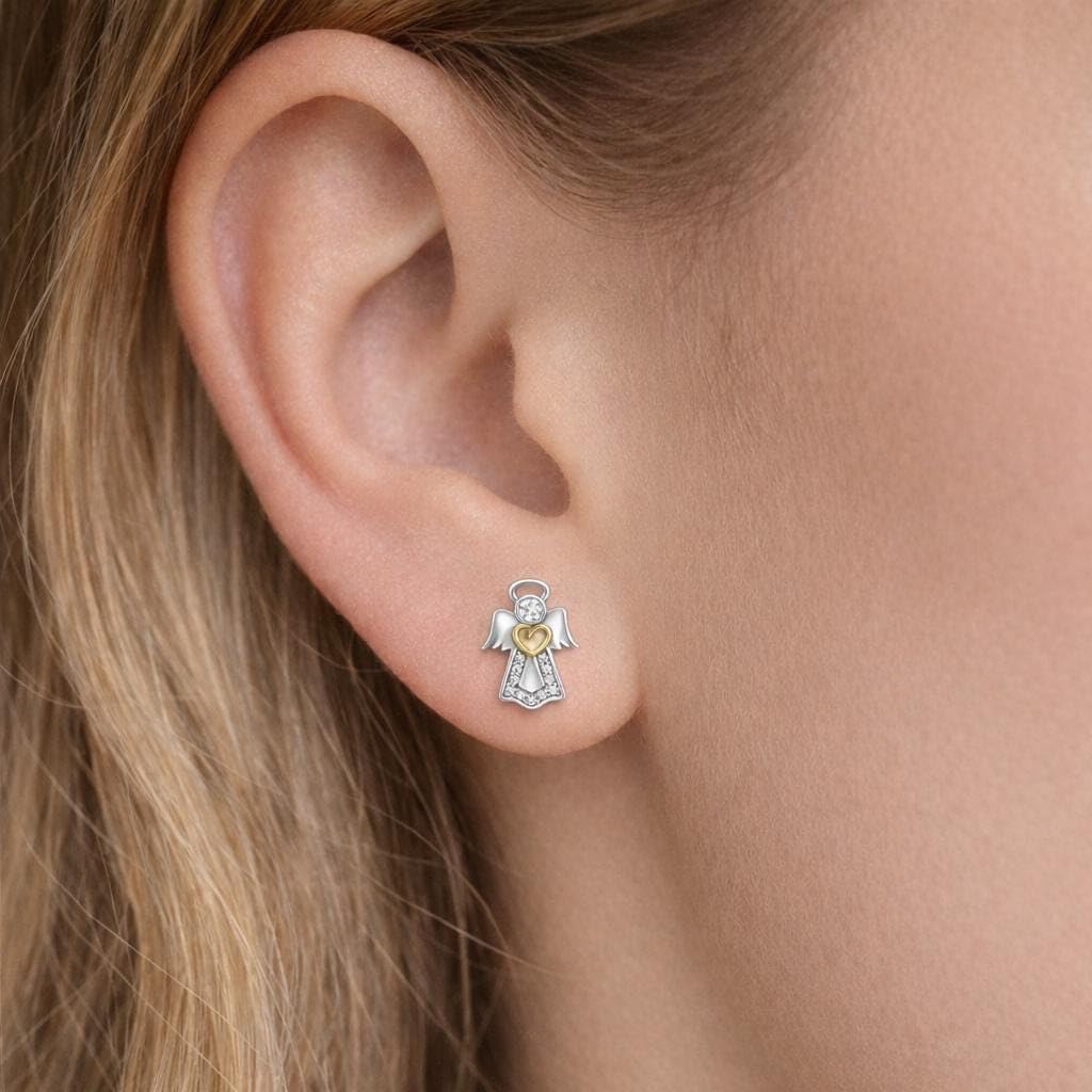 AMONROO® 925 Silver Jewellery for Women - 925 Sterling Silver Angel Heart CZ Stud Earrings, Gold Finish Heart Jewellery, Gift for Women | 925 Stamp, Warranty & Authenticity Certificate
