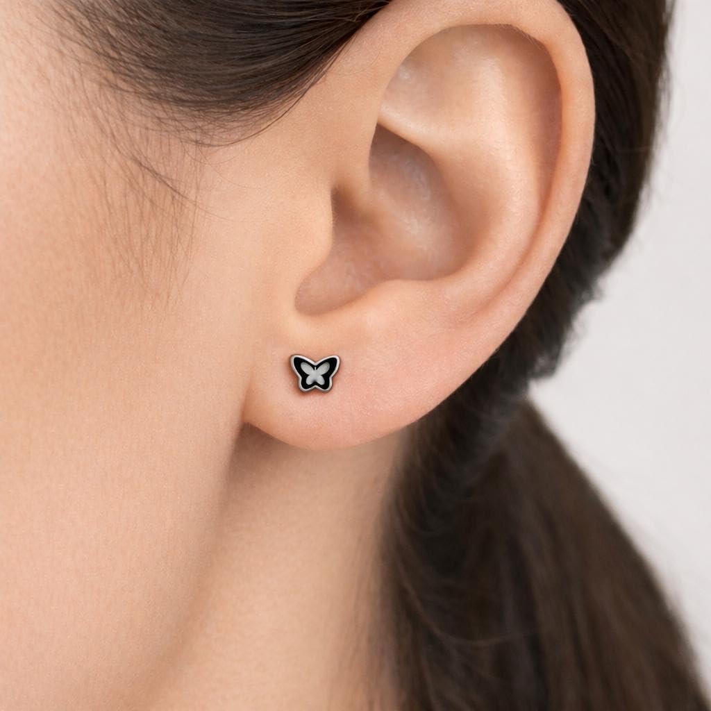AMONROO® 925 Silver Jewellery for Women - 925 Sterling Silver Black Butterfly Enamel Stud Earrings, Butterfly Jewellery, Daily Wear | 925 Stamp, Warranty & Authenticity Certificate