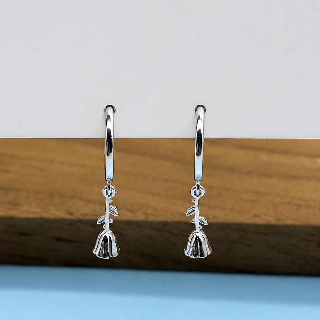 AMONROO® 925 Silver Jewellery for Women - 925 Sterling Silver Bell Flower Dangle Hoop Earrings, Floral Huggie Earrings, Daily Wear | 925 Stamp, Warranty & Authenticity Certificate