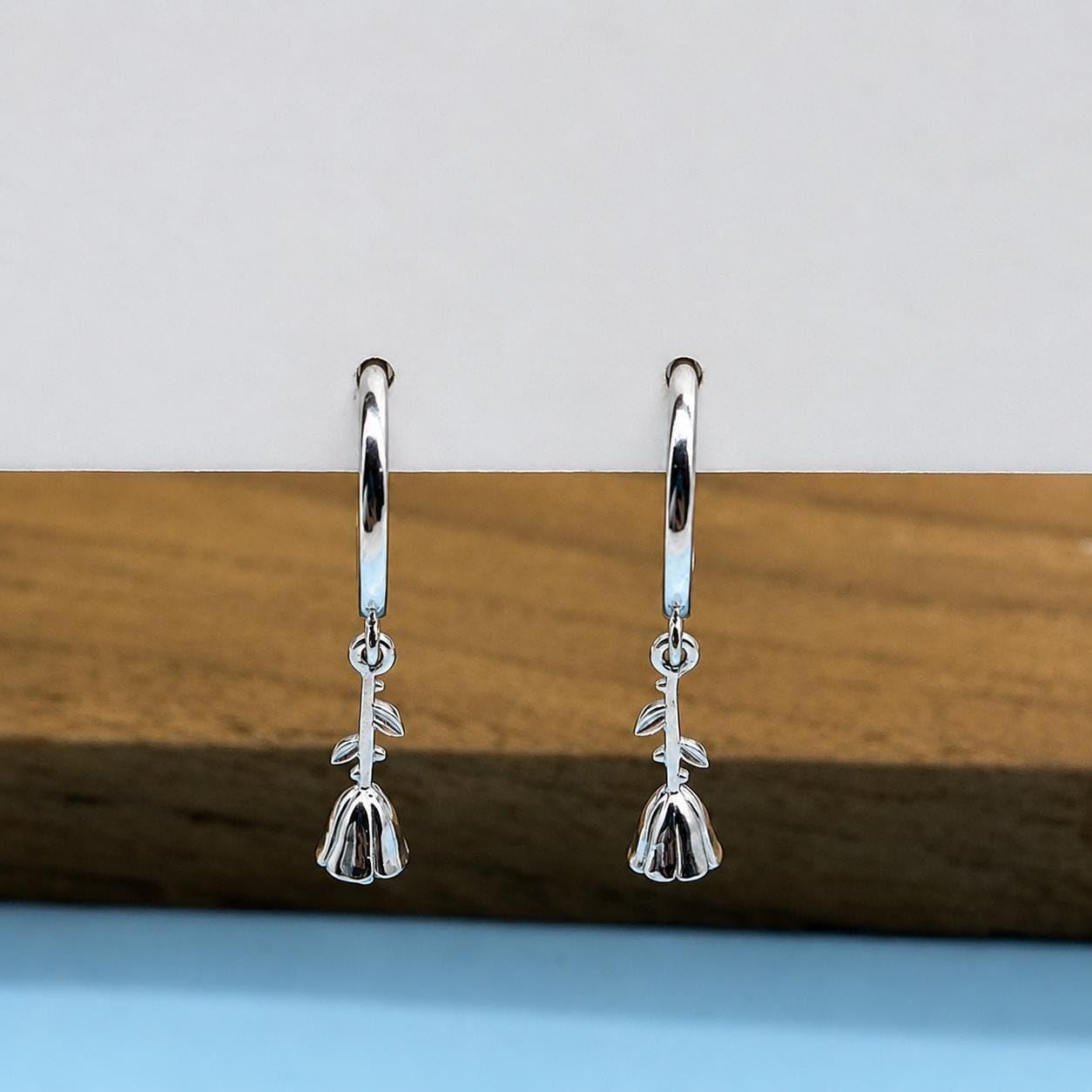 AMONROO® 925 Silver Jewellery for Women - 925 Sterling Silver Bell Flower Dangle Hoop Earrings, Floral Huggie Earrings, Daily Wear | 925 Stamp, Warranty & Authenticity Certificate