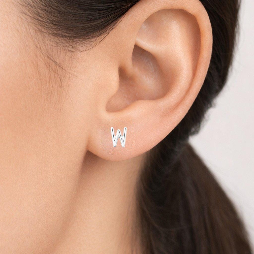 Sterling Silver W Initial Stud Earrings, Dainty Monogram Alphabet Jewelry