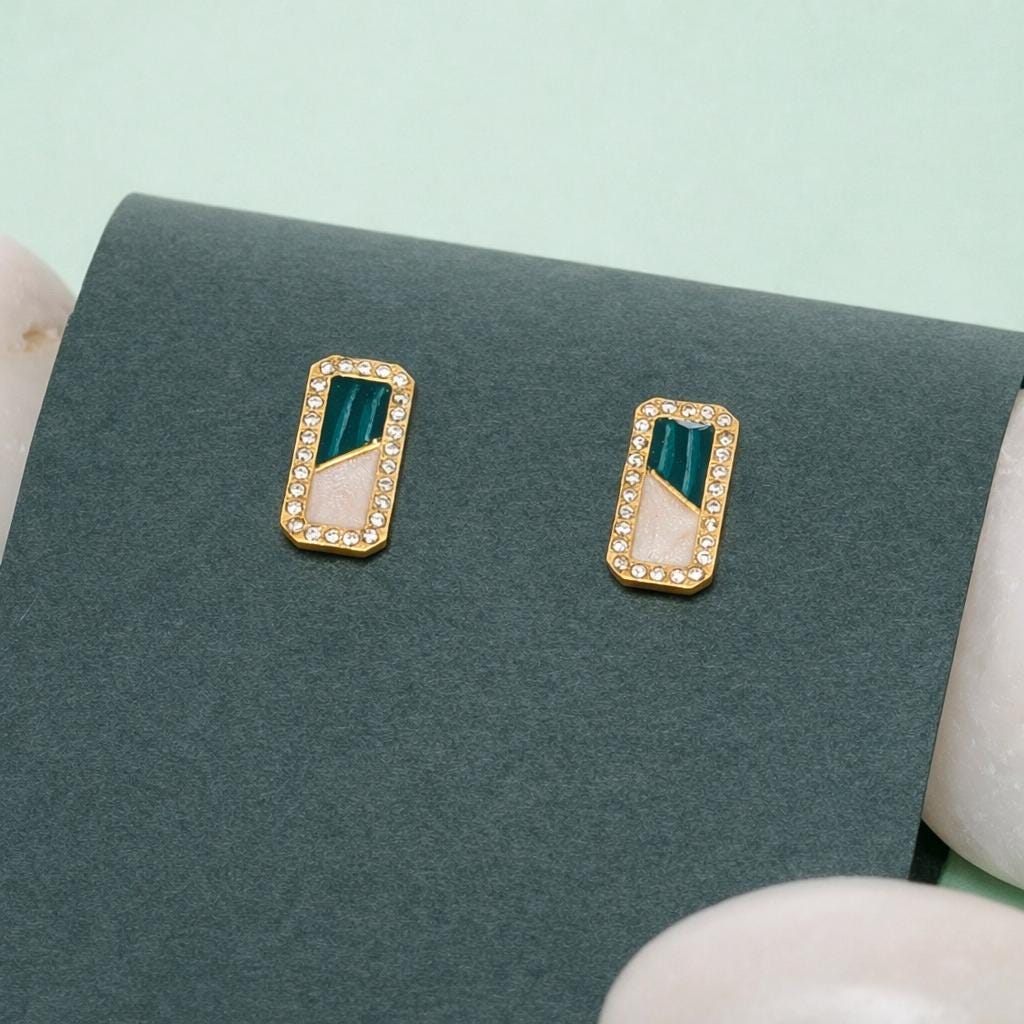 925 Sterling Silver Geometric Green Stud Earrings - Gold Finish Minimalist Art Deco Dainty Jewelry