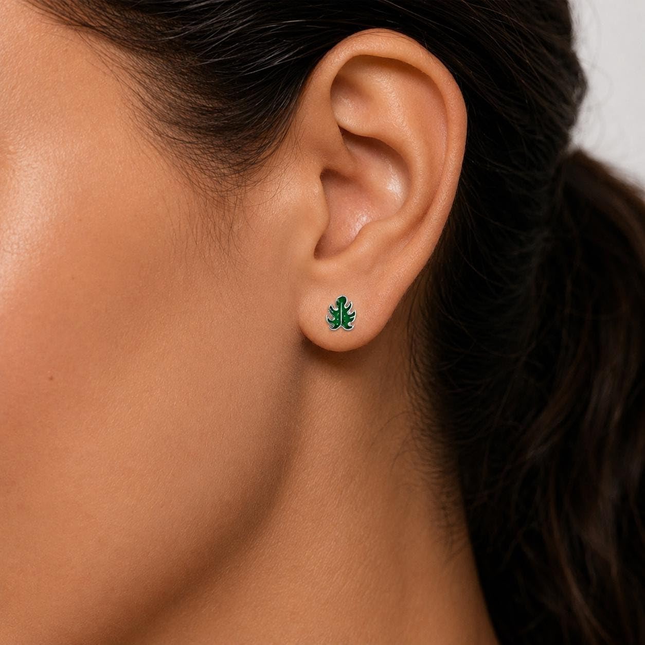AMONROO® 925 Silver Jewellery for Women - 925 Sterling Silver Green Monstera Leaf Enamel Stud Earrings, Botanical Jewellery Gift | 925 Stamp, Warranty & Authenticity Certificate