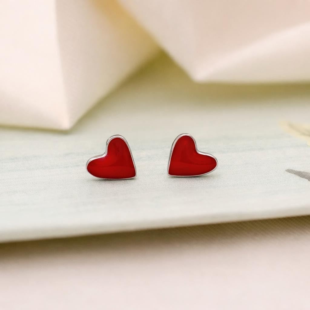 AMONROO® 925 Silver Jewellery for Women - 925 Sterling Silver Red Heart Enamel Stud Earrings, Heart Earrings, Romantic Gift Jewellery | 925 Stamp, Warranty & Authenticity Certificate