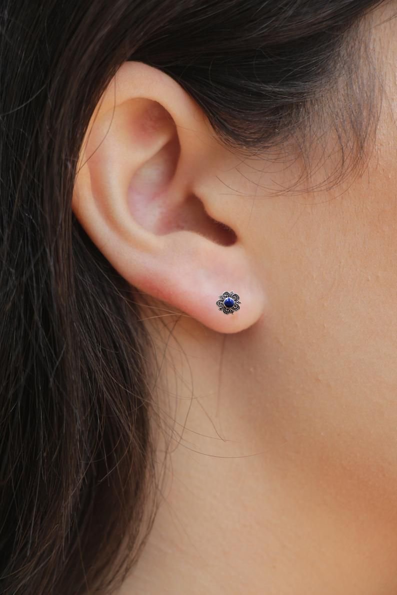 Silver Oxidized Vintage Blue Flower Stud Earring Beautiful Flower Earring  925 Sterling Silver Gift