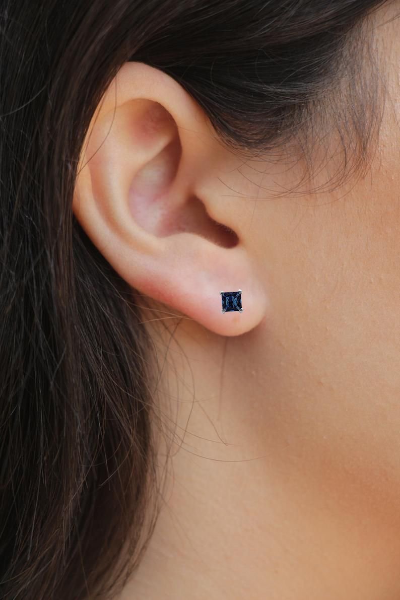 Blue Sapphire Stud Earring Princess Cute 925 Sterling Sivler Stud Earrings Cubic Zirconia Minimalist Handmade Stud with Ballback