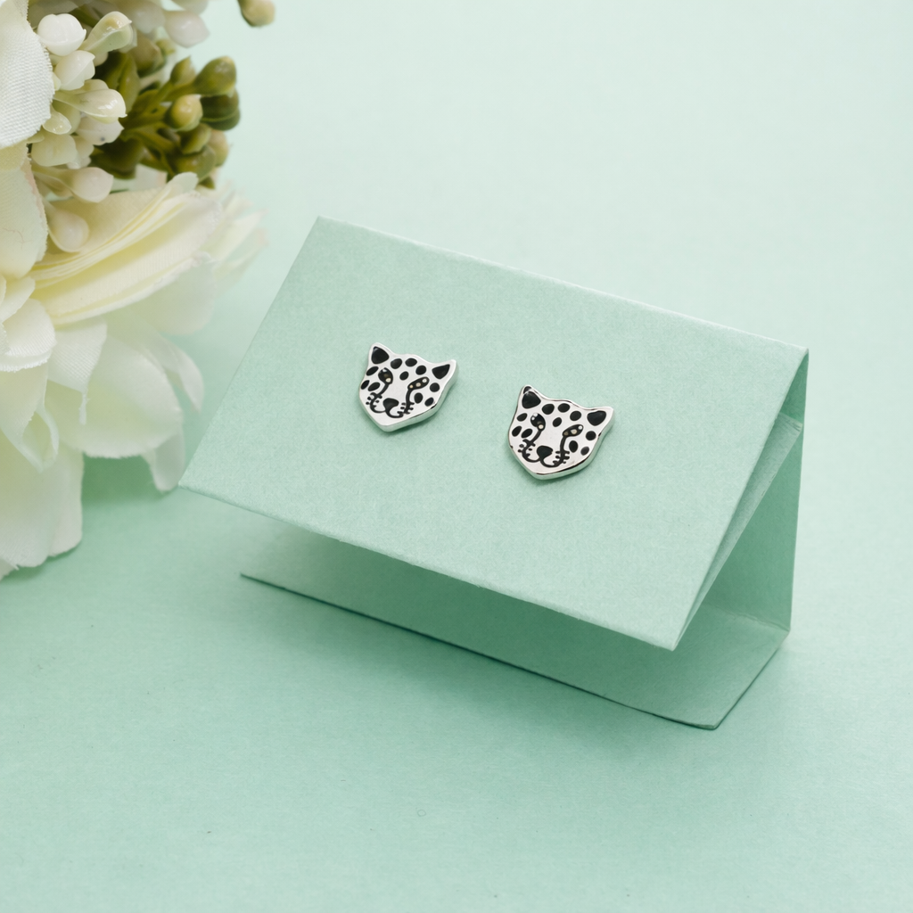 925 Sterling Silver Leopard Stud Earrings Black Enamel Animal Jewelry