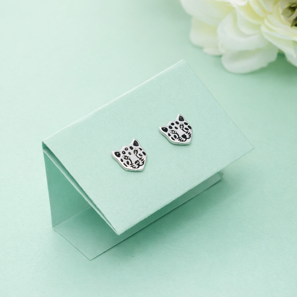 925 Sterling Silver Leopard Stud Earrings Black Enamel Animal Jewelry