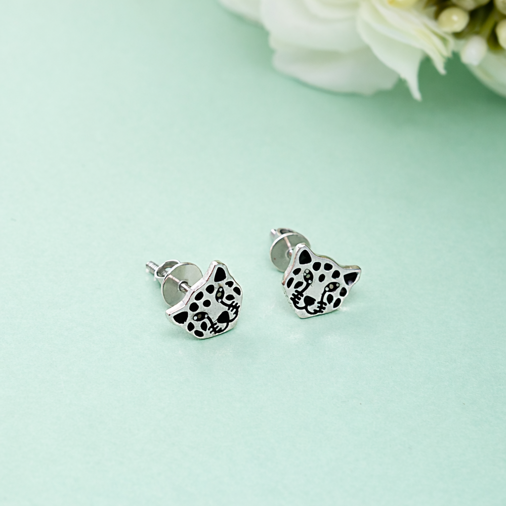 925 Sterling Silver Leopard Stud Earrings Black Enamel Animal Jewelry