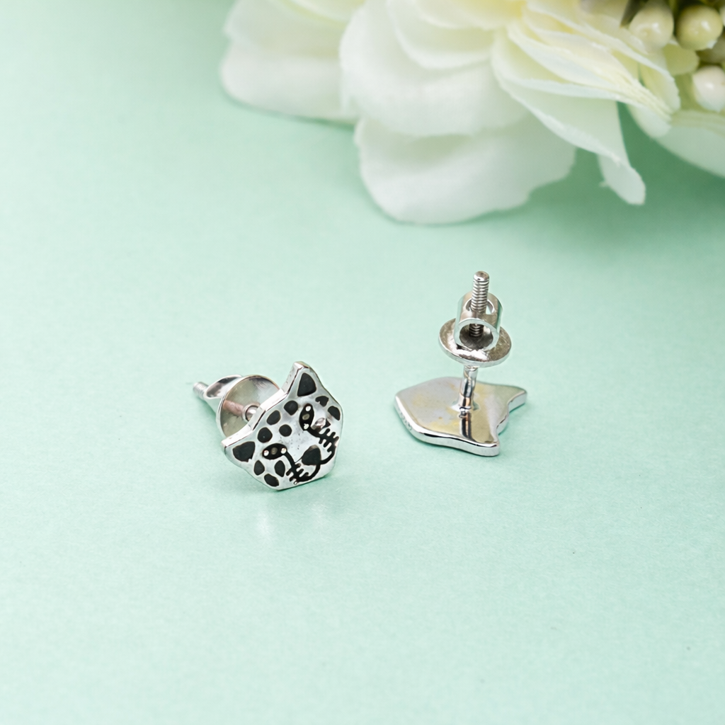 925 Sterling Silver Leopard Stud Earrings Black Enamel Animal Jewelry