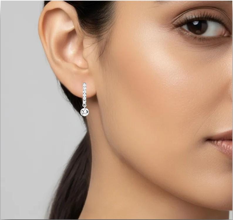 925 Sterling Silver Crystal Drop Earrings, Dainty CZ Bar Dangle Earrings for Women, Small Round Charm Earrings, Personalized Jewelry Gift
