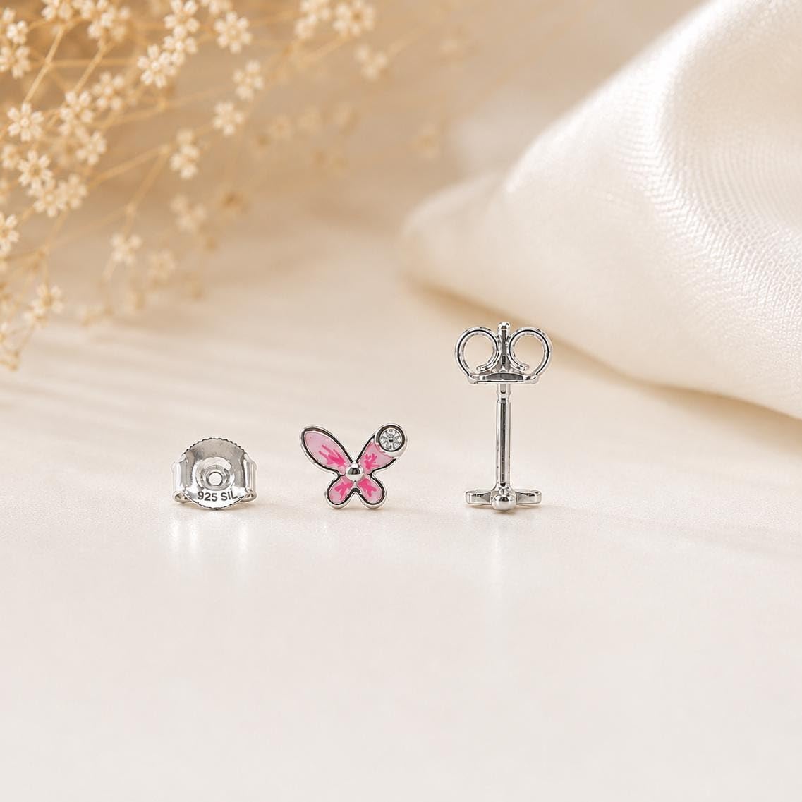 AMONROO® 925 Silver Jewellery for Women - 925 Sterling Silver Pink Butterfly Enamel CZ Stud Earrings, Dainty Butterfly Jewellery | 925 Stamp, Warranty & Authenticity Certificate