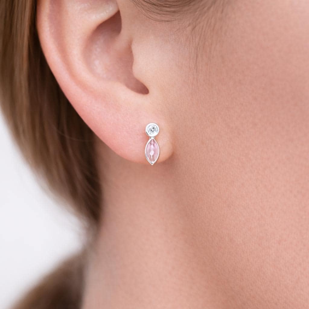 AMONROO® 925 Silver Jewellery for Women - 925 Sterling Silver Pink Marquise CZ Stud Earrings, Pink Stone Earrings, Dainty Jewellery Gift | 925 Stamp, Warranty & Authenticity Certificate