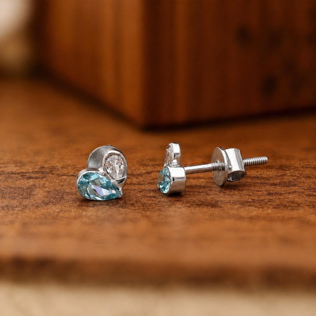 AMONROO® 925 Silver Jewellery for Women - 925 Sterling Silver Blue White CZ Heart Stud Earrings, Dainty Gemstone Earrings, Gift for Women | 925 Stamp, Warranty & Authenticity Certificate