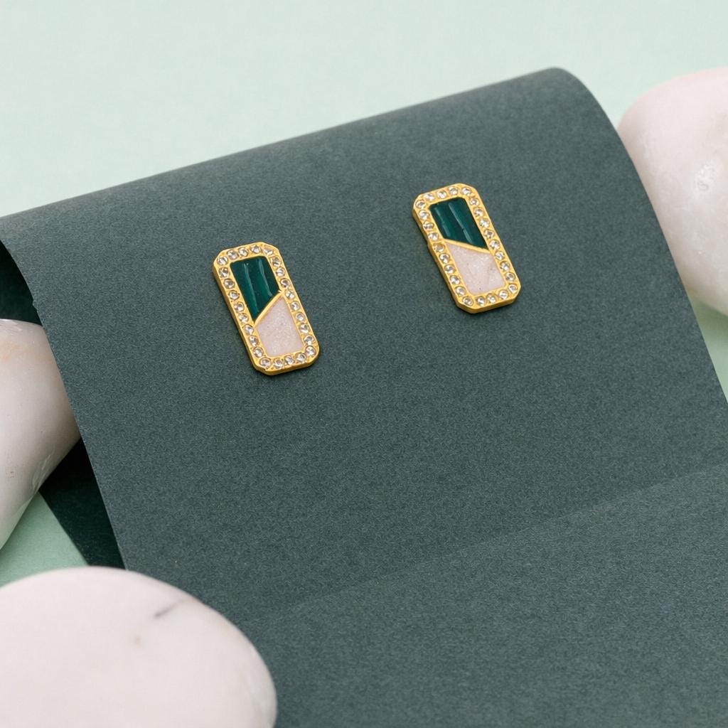 925 Sterling Silver Geometric Green Stud Earrings - Gold Finish Minimalist Art Deco Dainty Jewelry