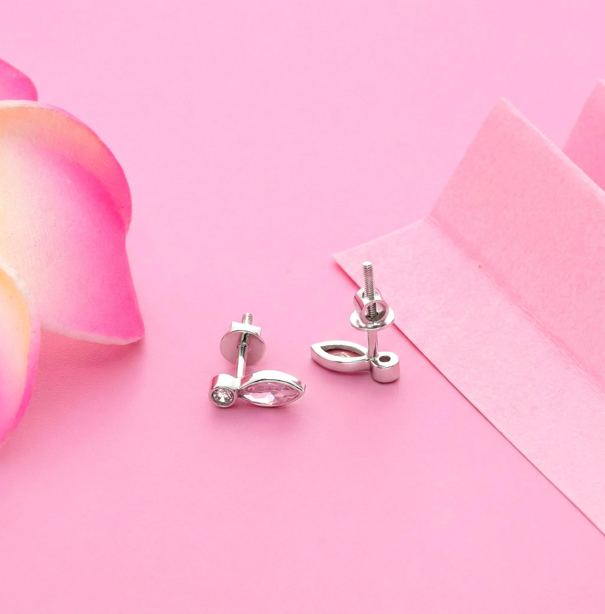 AMONROO® 925 Silver Jewellery for Women - 925 Sterling Silver Pink Marquise CZ Stud Earrings, Pink Stone Earrings, Dainty Jewellery Gift | 925 Stamp, Warranty & Authenticity Certificate