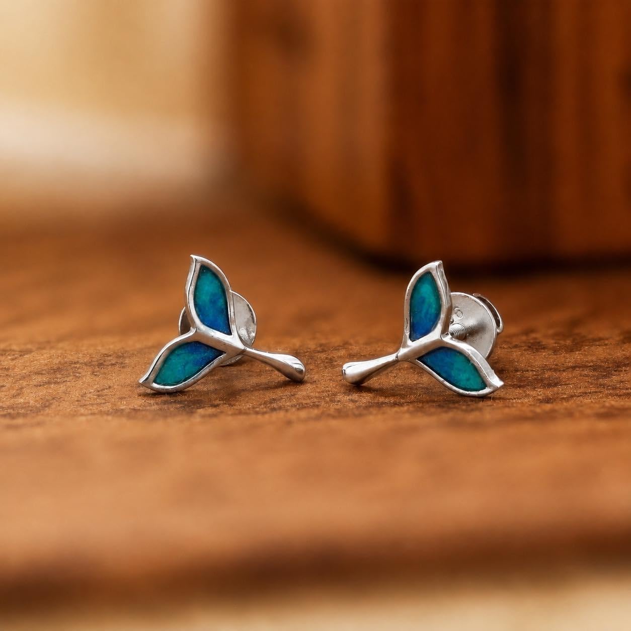 AMONROO® 925 Silver Jewellery for Women - 925 Sterling Silver Mermaid Tail Blue Enamel Stud Earrings, Ocean Design Jewellery | 925 Stamp, Warranty & Authenticity Certificate