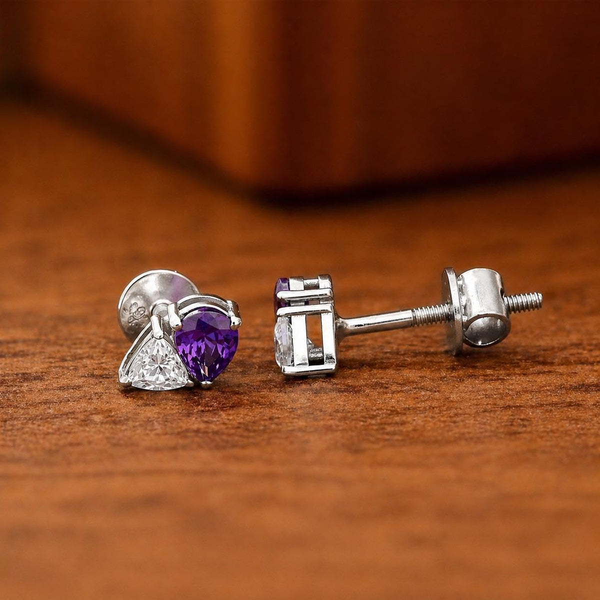 AMONROO® 925 Silver Jewellery for Women - 925 Sterling Silver Purple Amethyst White CZ Stud Earrings, Two Stone Dainty Jewellery | 925 Stamp, Warranty & Authenticity Certificate