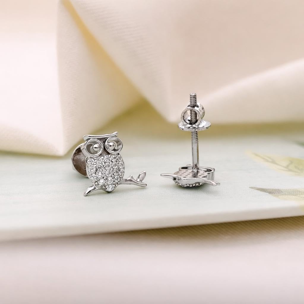 AMONROO® 925 Silver Jewellery for Women - 925 Sterling Silver Owl CZ Stud Earrings, Bird Animal Earrings, Dainty Nature Jewellery | 925 Stamp, Warranty & Authenticity Certificate