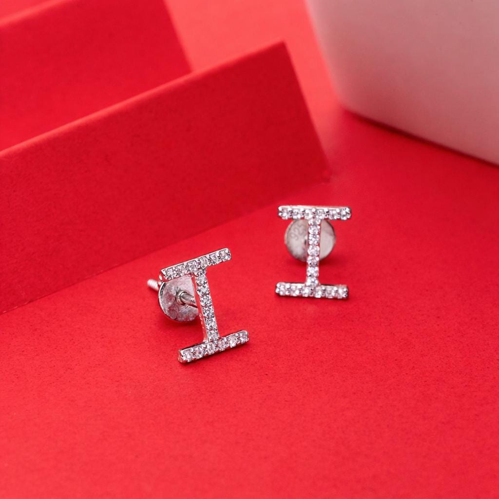 925 Sterling Silver I Initial Stud Earrings, Diamond Look Letter I Studs, Personalized Name Jewelry, Minimalist Gift for Her