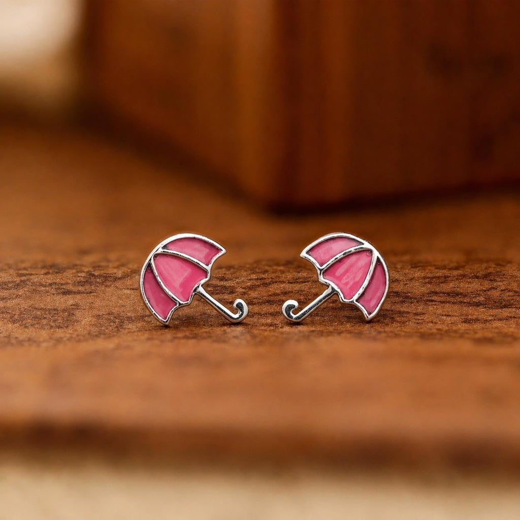 AMONROO® 925 Silver Jewellery for Women - 925 Sterling Silver Pink Umbrella Enamel Stud Earrings, Fashion Jewellery, Gift for Women | 925 Stamp, Warranty & Authenticity Certificate