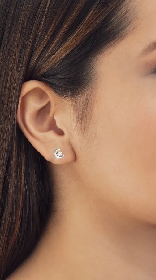 Moon and Star Studs Earring 925 Sterling Silver Gift for Birthday Mother Wife Mom Minimalist Handmade Gift Stud with Pushback