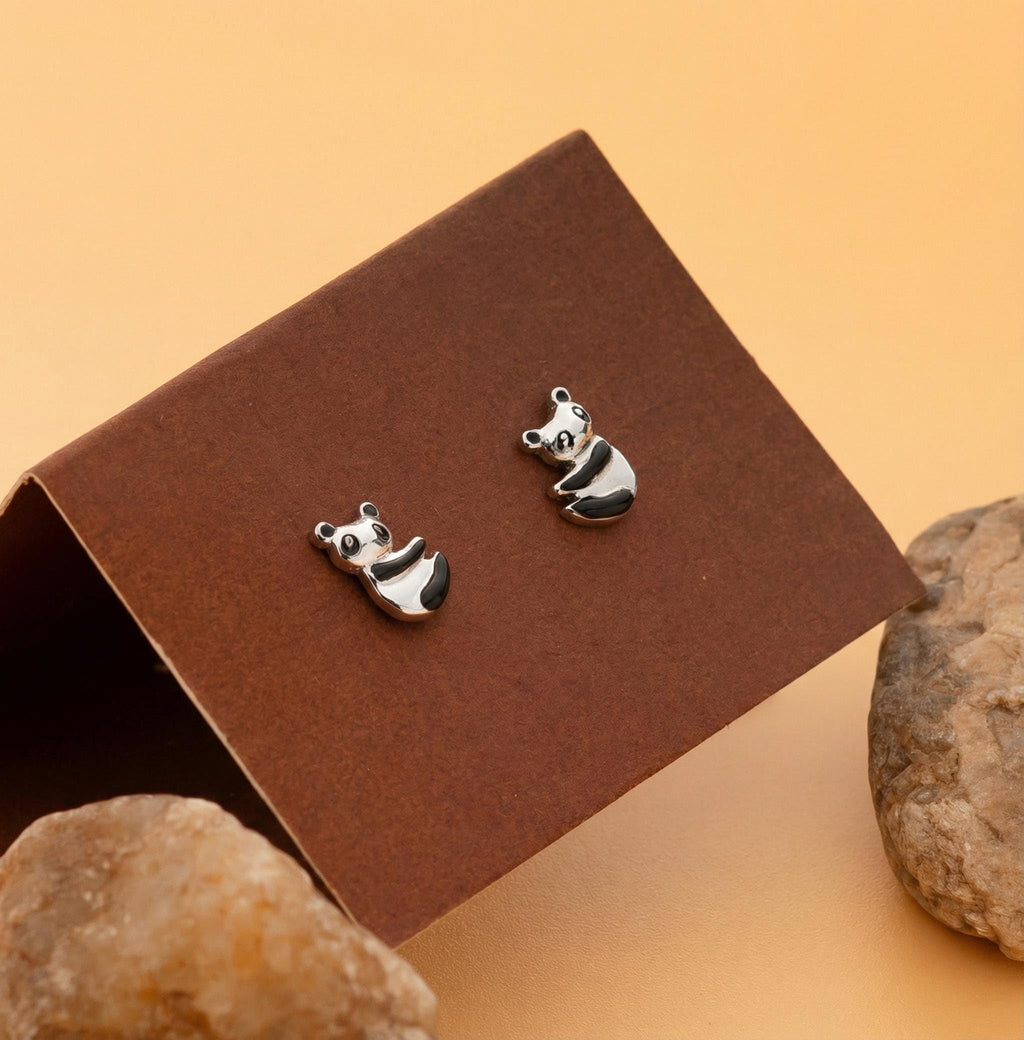 AMONROO® 925 Silver Jewellery for Women - 925 Sterling Silver Panda Enamel Stud Earrings, Animal Earrings, Jewellery Gift for Girls | 925 Stamp, Warranty & Authenticity Certificate