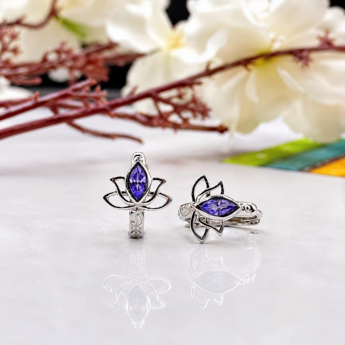 AMONROO® 925 Silver Jewellery for Women - 925 Sterling Silver Lotus Purple CZ Hoop Earrings, Huggie Earrings, 10.5 x 8.5 mm | 925 Stamp, Warranty & Authenticity Certificate