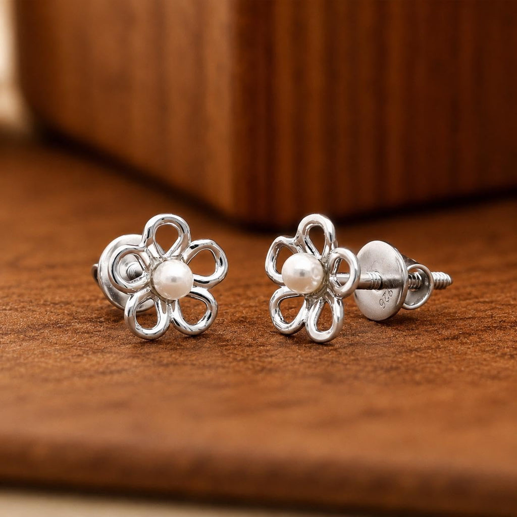 AMONROO® 925 Silver Jewellery for Women - 925 Sterling Silver Flower Pearl Stud Earrings, Floral Daisy Earrings, Daily Wear Jewellery | 925 Stamp, Warranty & Authenticity Certificate