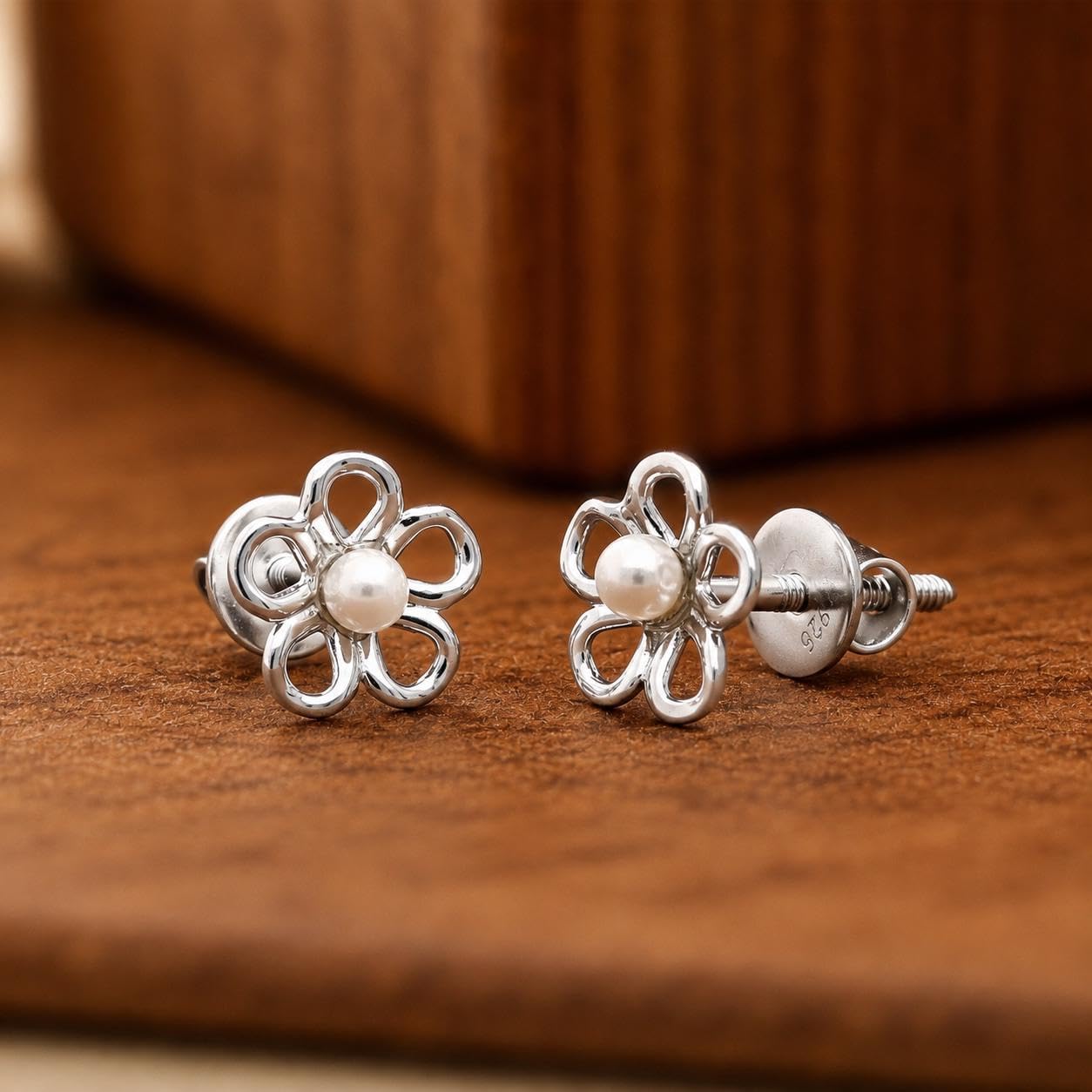 AMONROO® 925 Silver Jewellery for Women - 925 Sterling Silver Flower Pearl Stud Earrings, Floral Daisy Earrings, Daily Wear Jewellery | 925 Stamp, Warranty & Authenticity Certificate