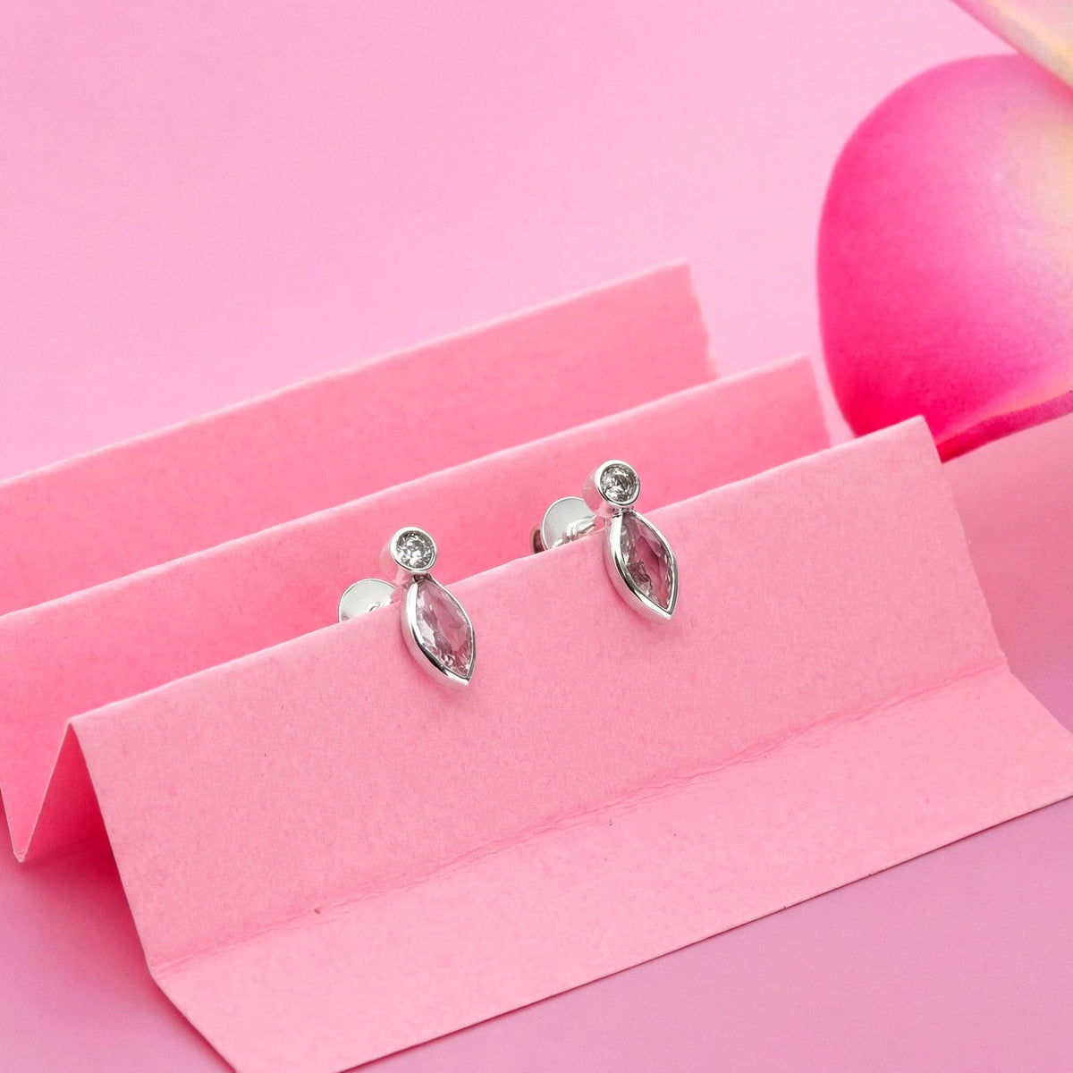 AMONROO® 925 Silver Jewellery for Women - 925 Sterling Silver Pink Marquise CZ Stud Earrings, Pink Stone Earrings, Dainty Jewellery Gift | 925 Stamp, Warranty & Authenticity Certificate