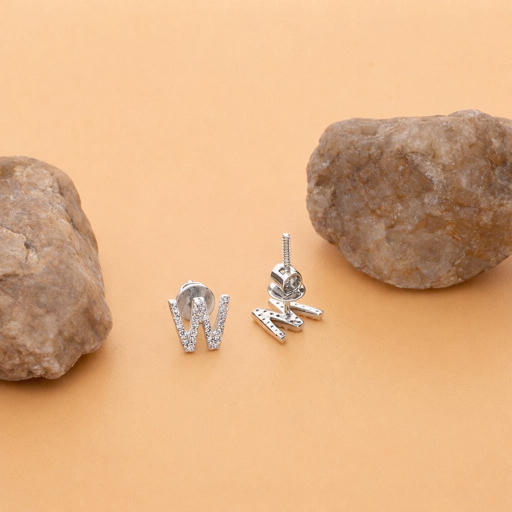 Sterling Silver W Initial Stud Earrings, CZ Dainty Alphabet Monogram Jewelry