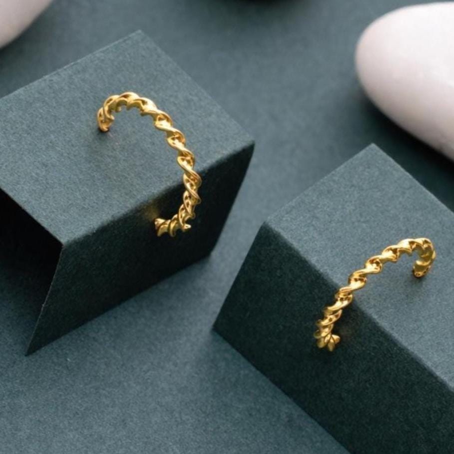 Gold Finish Sterling Silver Twisted Hoop Earrings, Dainty Rope Studs-Size 15 x 2 MM