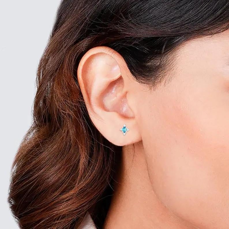 AMONROO® 925 Silver Jewellery for Women - 925 Sterling Silver Blue Topaz CZ Stud Earrings, Halo Stone Earrings, Birthstone Jewellery Gift | 925 Stamp, Warranty & Authenticity Certificate
