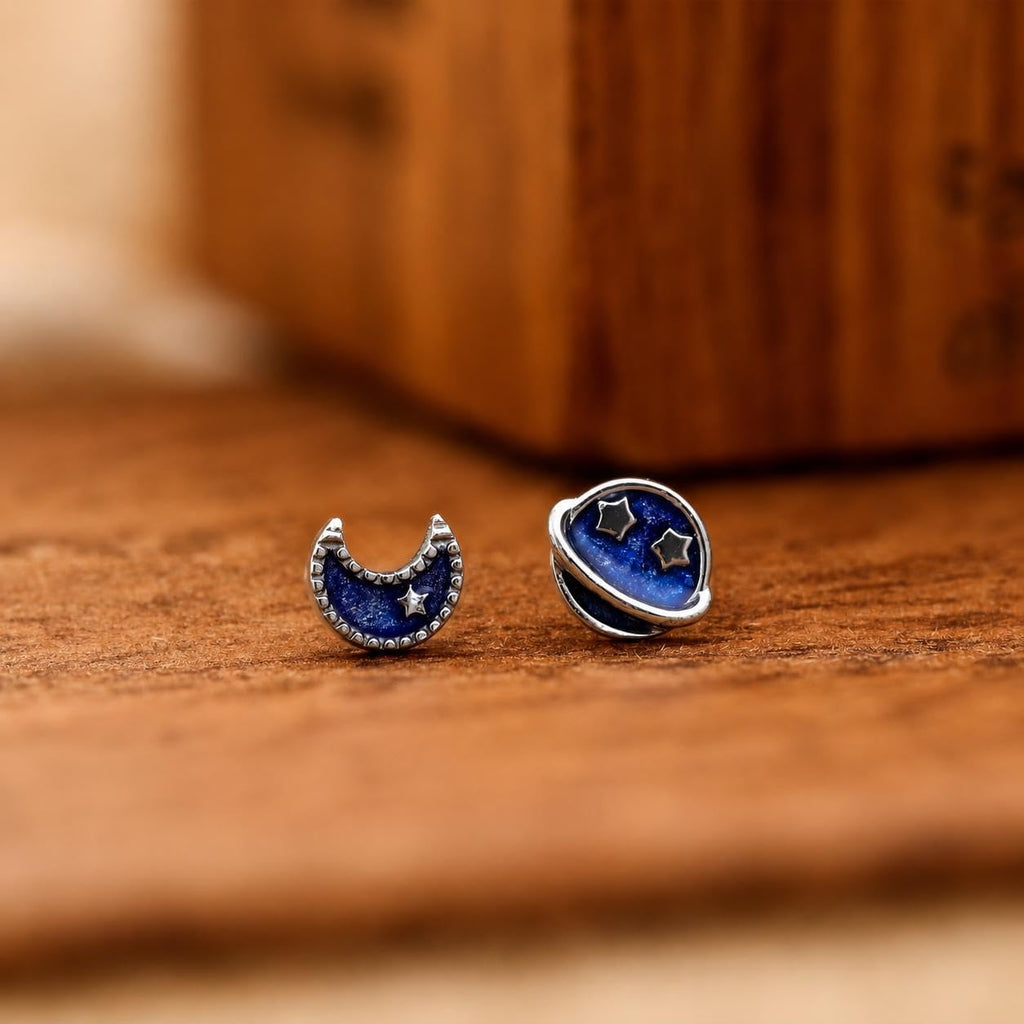 AMONROO® 925 Silver Jewellery for Women - 925 Sterling Silver Moon Planet Blue Enamel Stud Earrings, Celestial Jewellery Gift | 925 Stamp, Warranty & Authenticity Certificate
