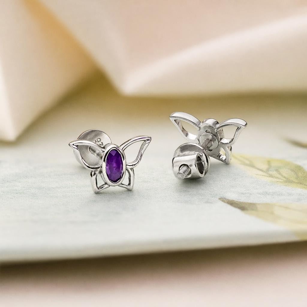 AMONROO® 925 Silver Jewellery for Women - 925 Sterling Silver Purple Butterfly Stud Earrings, CZ Butterfly Earrings, Dainty Jewellery Gift | 925 Stamp, Warranty & Authenticity Certificate