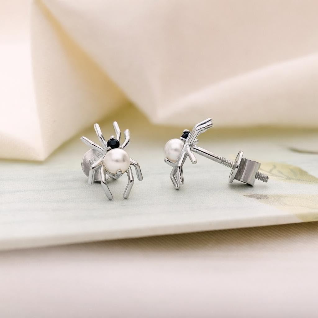 AMONROO® 925 Silver Jewellery for Women - 925 Sterling Silver Spider Pearl CZ Stud Earrings, Halloween Earrings, Gothic Jewellery Gift | 925 Stamp, Warranty & Authenticity Certificate