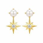 AMONROO® 925 Silver Jewellery for Women - 925 Sterling Silver Pearl Star Drop Earrings, Gold Finish CZ Dangle Earrings | 925 Stamp, Warranty & Authenticity Certificate