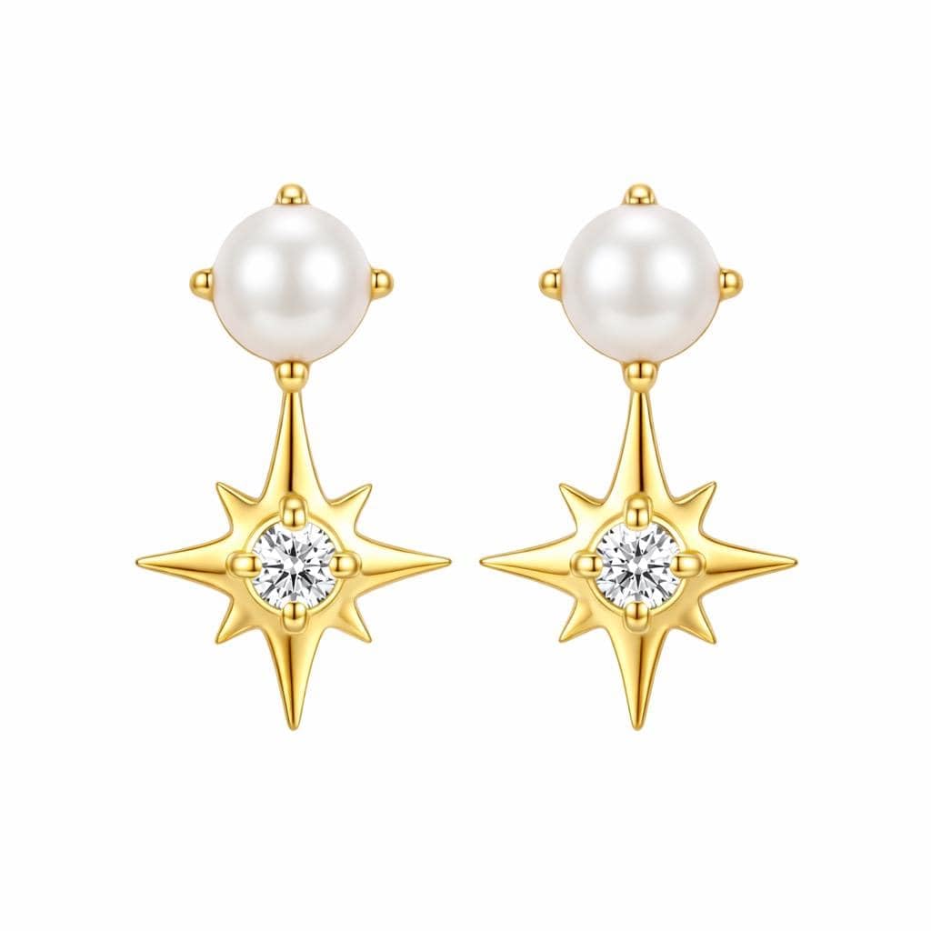 AMONROO® 925 Silver Jewellery for Women - 925 Sterling Silver Pearl Star Drop Earrings, Gold Finish CZ Dangle Earrings | 925 Stamp, Warranty & Authenticity Certificate