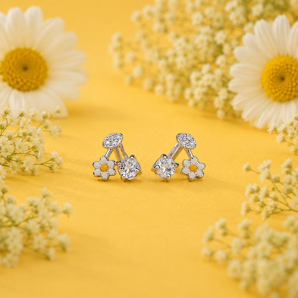 AMONROO® 925 Silver Jewellery for Women - 925 Sterling Silver Daisy Flower Drop Earrings, White Enamel Floral CZ Earrings, Daily Wear | 925 Stamp, Warranty & Authenticity Certificate