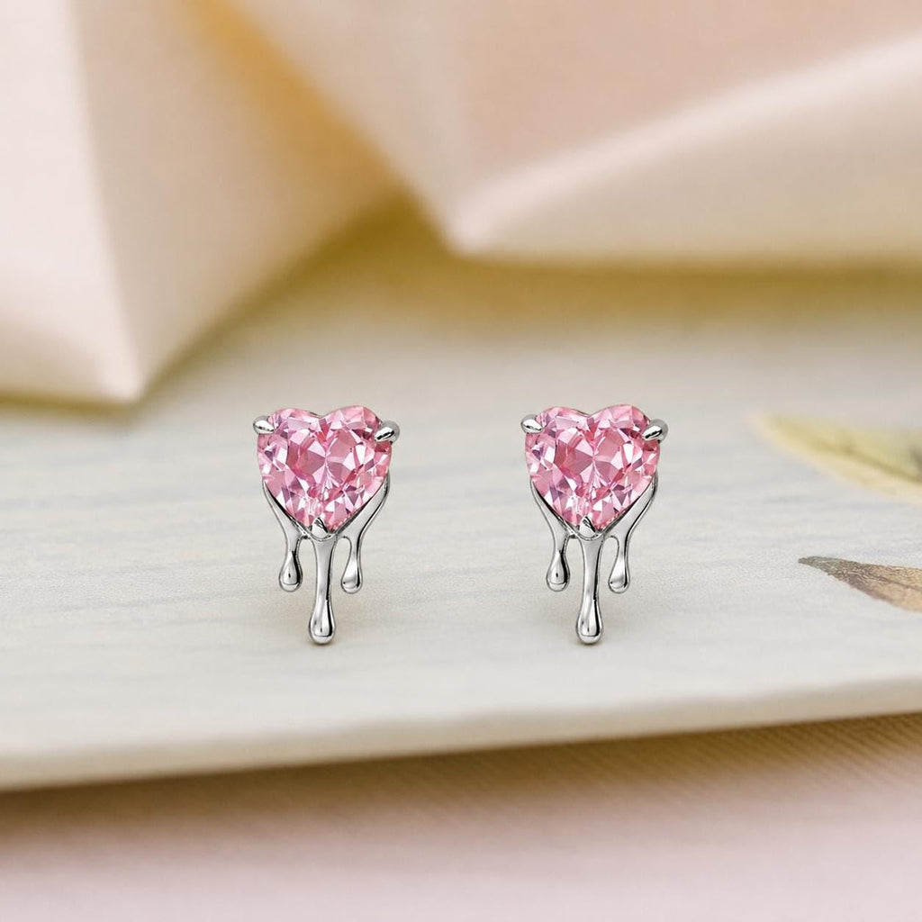 AMONROO® 925 Silver Jewellery for Women - 925 Sterling Silver Pink Heart CZ Stud Earrings, Heart Earrings, Romantic Gift Jewellery | 925 Stamp, Warranty & Authenticity Certificate