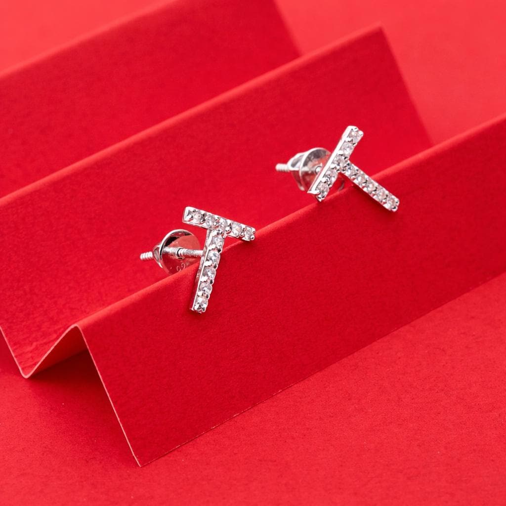 Sterling Silver CZ Initial Stud Earrings, Personalized Letter T