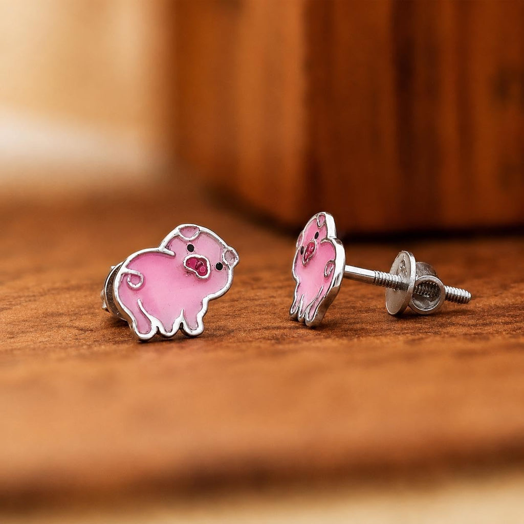 AMONROO® 925 Silver Jewellery for Women - 925 Sterling Silver Pink Pig Enamel Stud Earrings, Animal Jewellery, Gift for Girls | 925 Stamp, Warranty & Authenticity Certificate