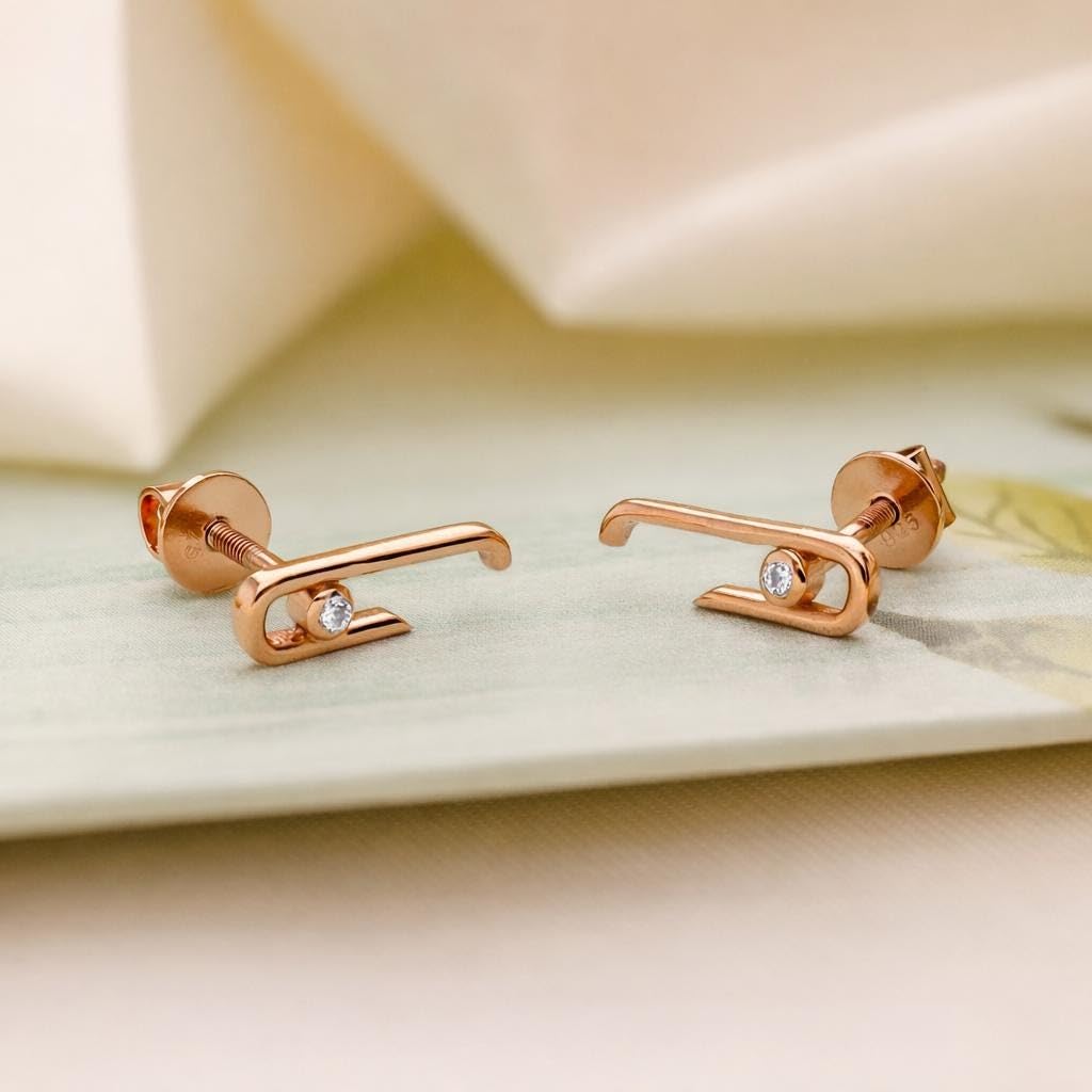 AMONROO® 925 Silver Jewellery for Women - Rose Gold Finish 925 Sterling Silver Safety Pin CZ Stud Earrings, Modern Daily Wear Jewellery | 925 Stamp, Warranty & Authenticity Certificate