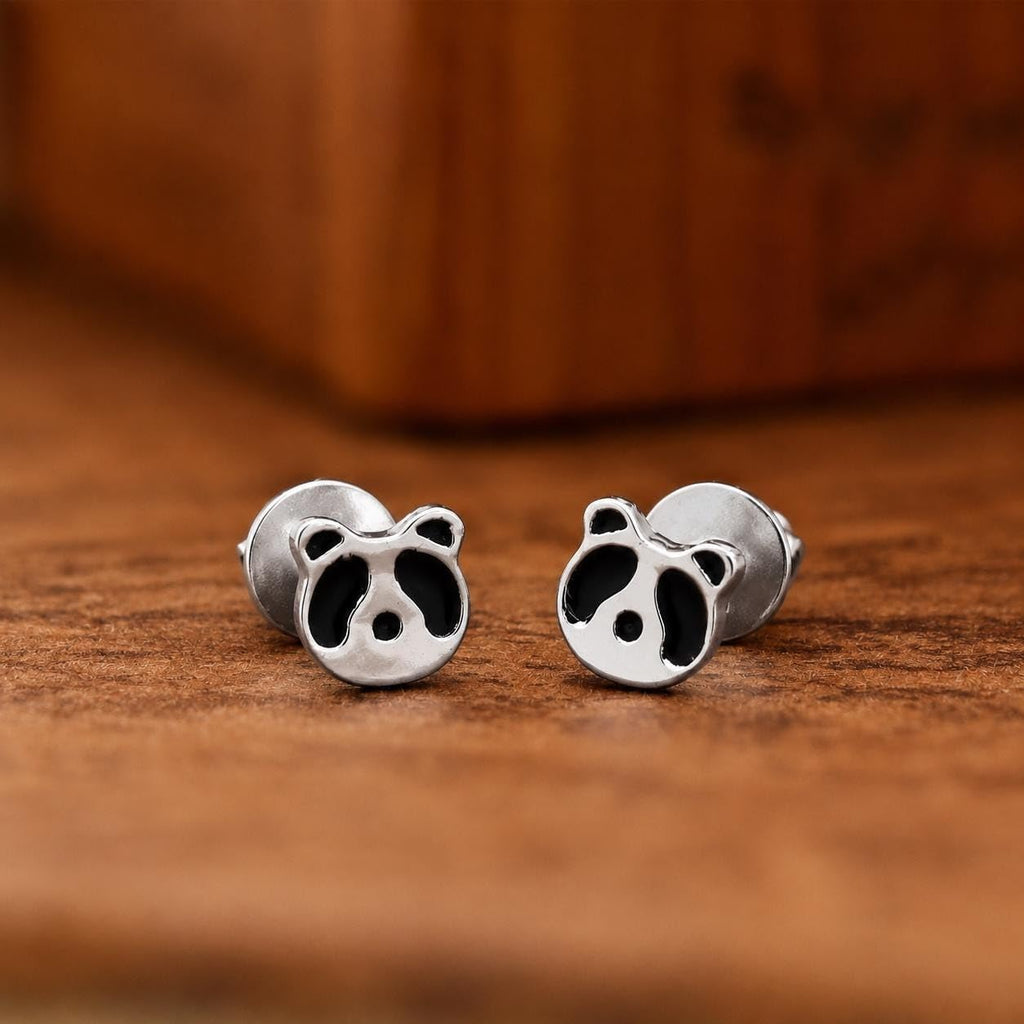 AMONROO® 925 Silver Jewellery for Women - 925 Sterling Silver Panda Face Enamel Stud Earrings, Animal Jewellery, Gift for Girls | 925 Stamp, Warranty & Authenticity Certificate